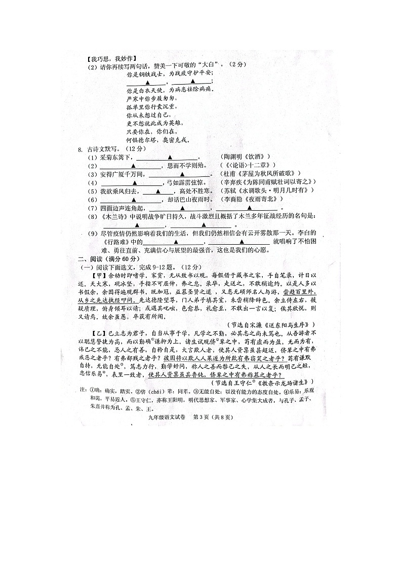 辽宁省抚顺市抚顺县2021-2022学年九年级下学期三模考试语文试卷(含答案)03