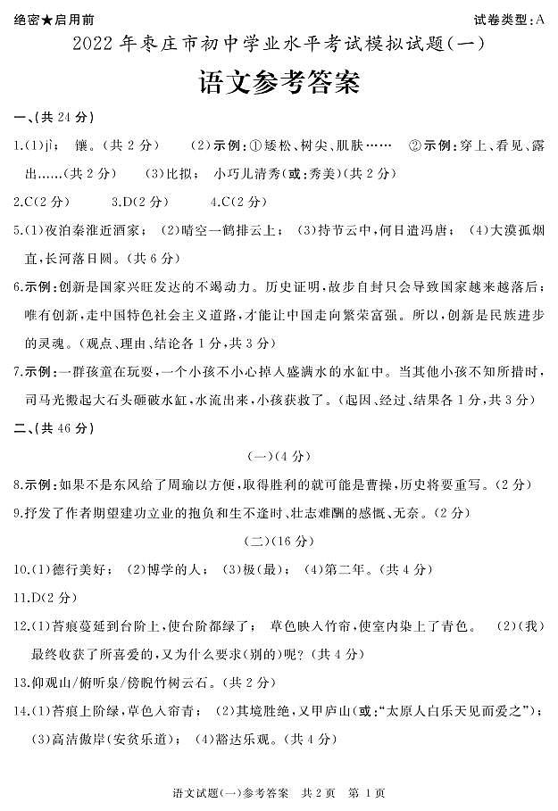 2022年山东省枣庄市中考一模语文试题01