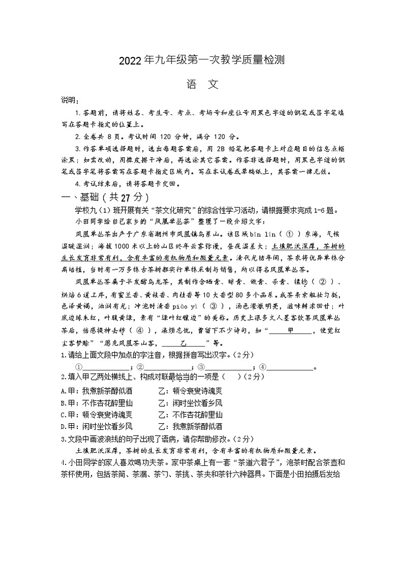 2022年广东省深圳市盐田区中考一模语文试题01