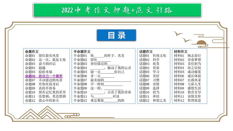 命题06  给自己一个微笑【2022中考作文（命题+半命题+话题作文+材料作文）押题+范文引路】课件PPT第1页