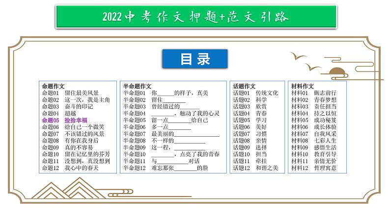命题05  捡拾幸福【2022中考作文（命题+半命题+话题作文+材料作文）押题+范文引路】课件PPT01