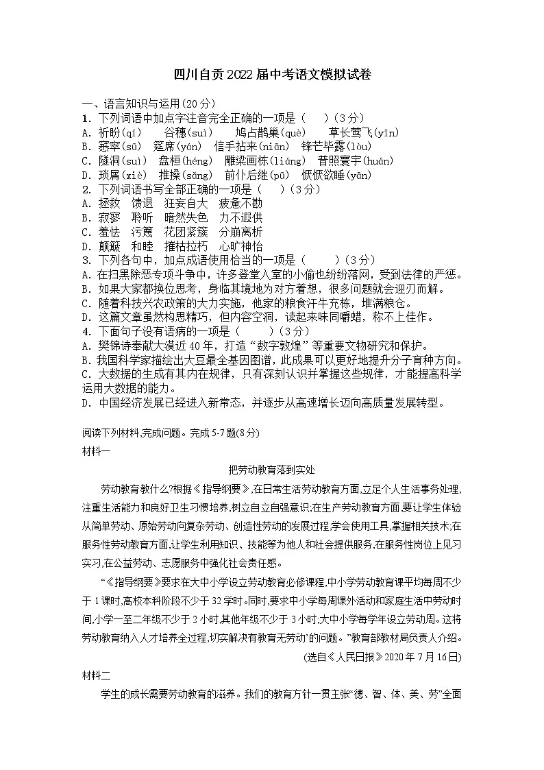 2022年四川省自贡市中考语文模拟试卷01