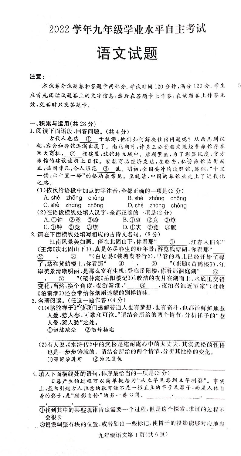 2022年河南省部分校中考学业水平自主考试语文试题01