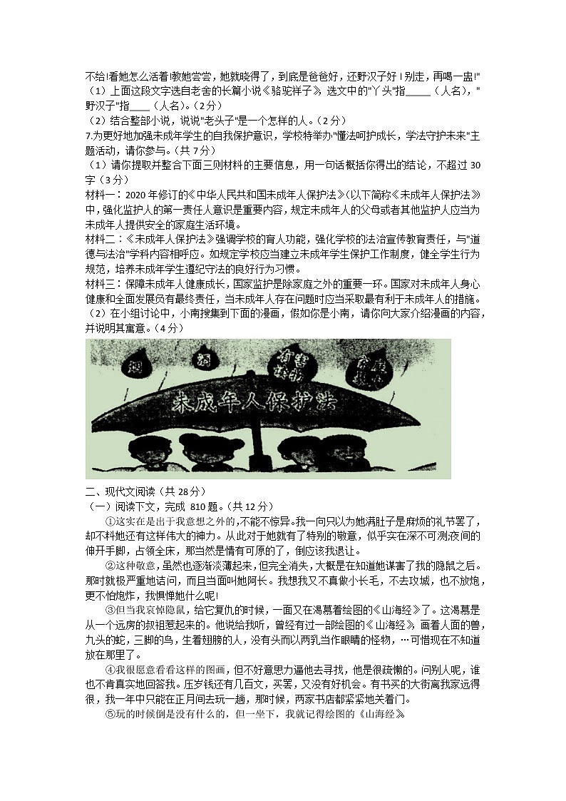 河南省新野县2021—2022学年七年级下学期期中质量调研语文试题(word版含答案)02