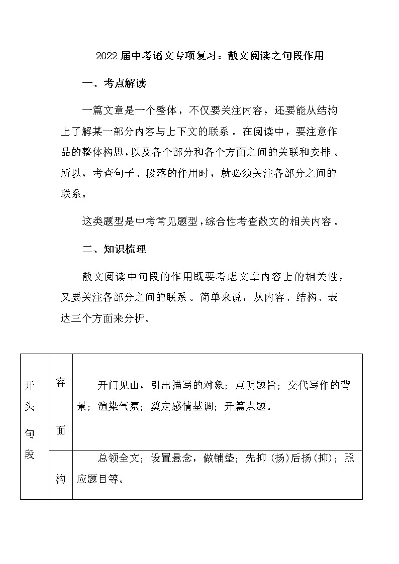 2022年中考语文专项复习：散文阅读之句段作用 练习01