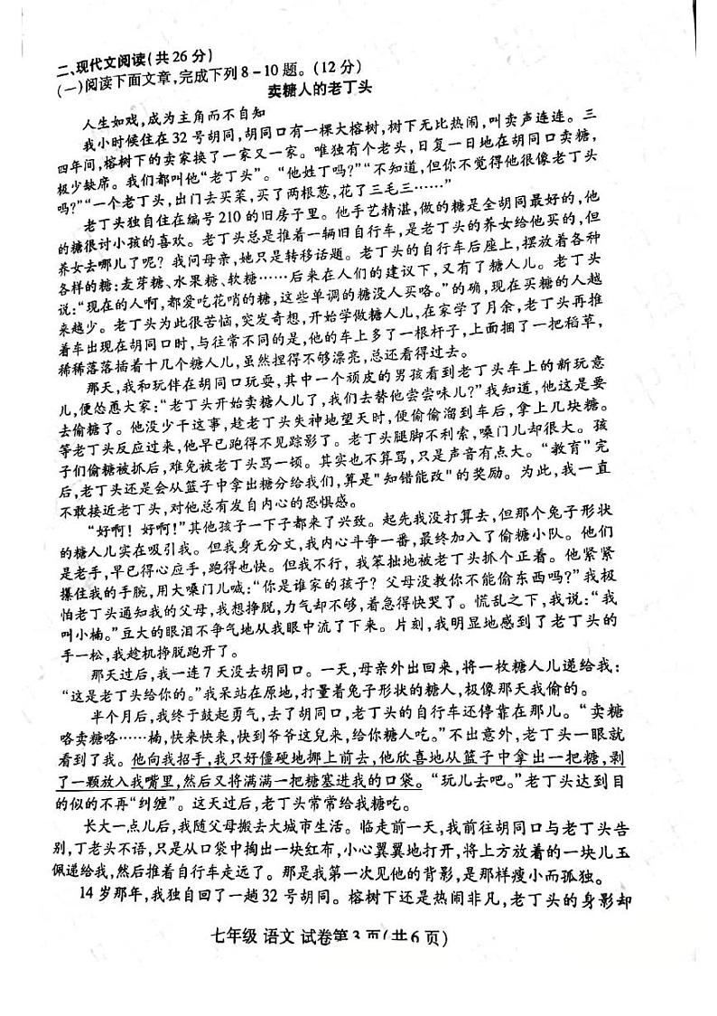 2021-2022学年河南省洛阳市洛龙区七年级下学期期中语文测试卷（无答案）第3页