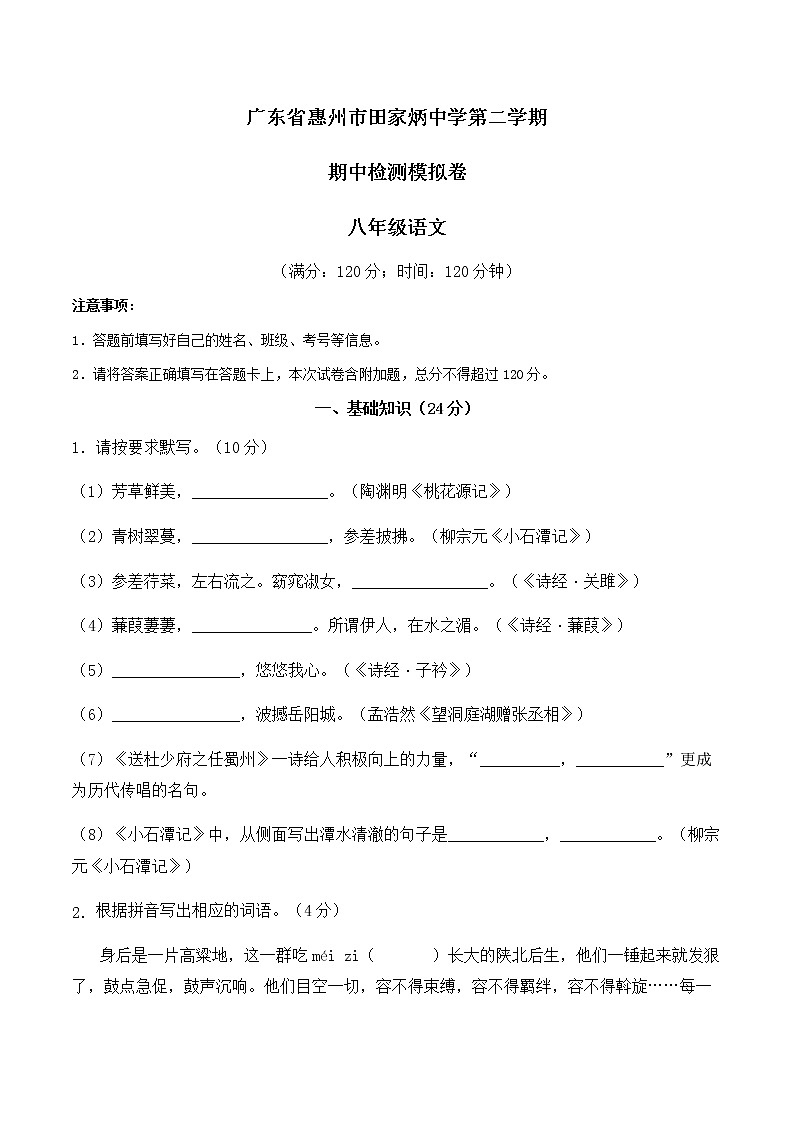 广东省惠州市田家炳中学2022年八年级下学期语文期中检测模拟卷（无答案）01