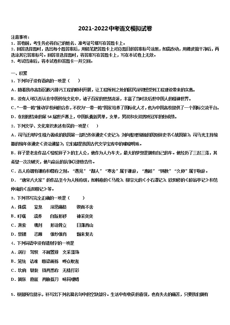 2021-2022学年甘肃省东乡族自治县中考语文全真模拟试题含解析01