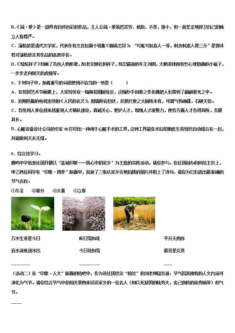 2021-2022学年福建省南平三中学中考语文模拟预测题含解析02