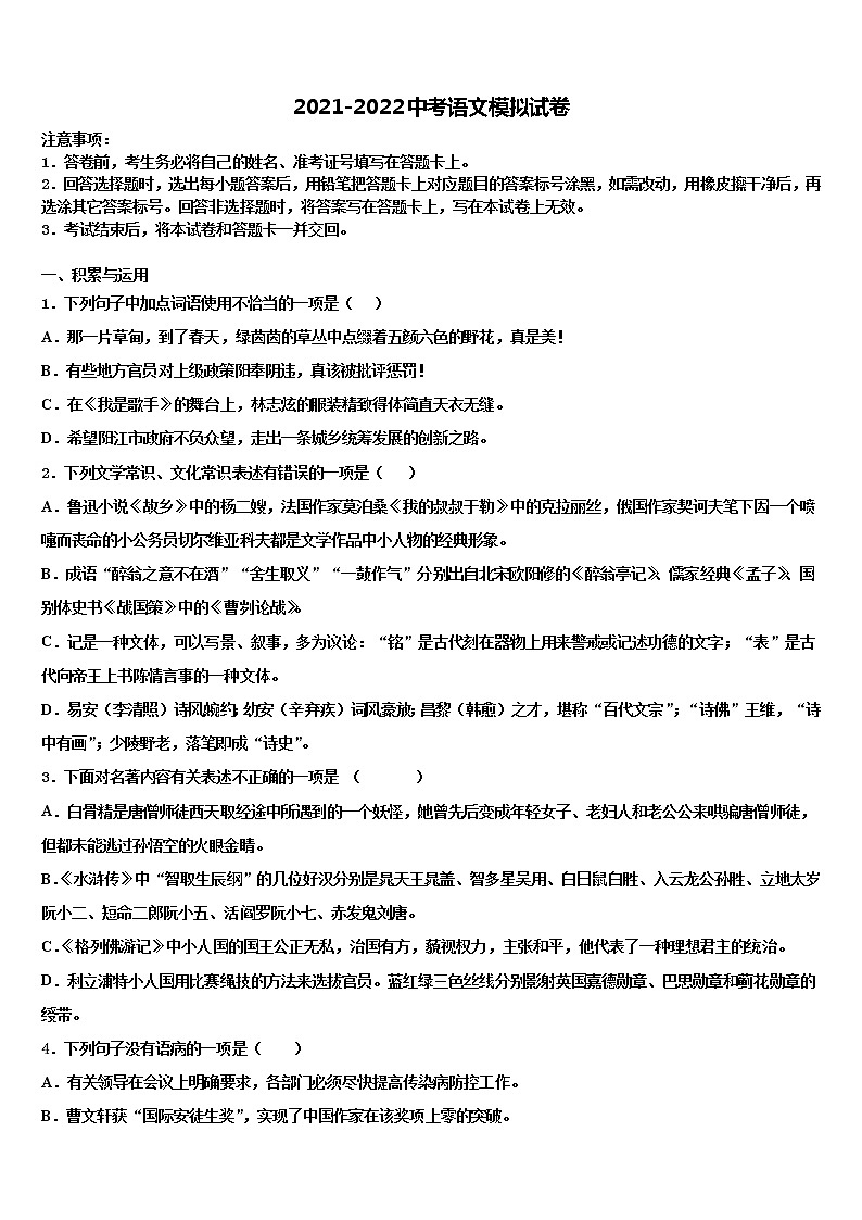 2021-2022学年安徽合肥包河区四十八中学中考语文全真模拟试题含解析01