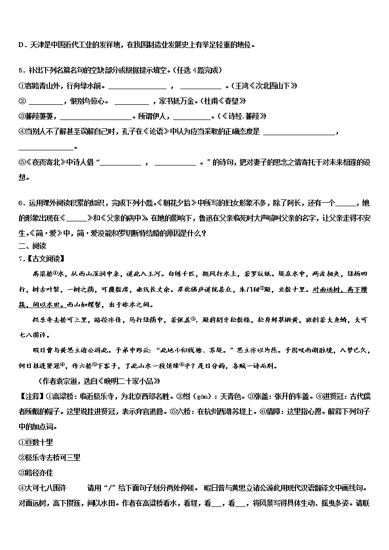 2021-2022学年安阳市重点中学中考语文全真模拟试题含解析02
