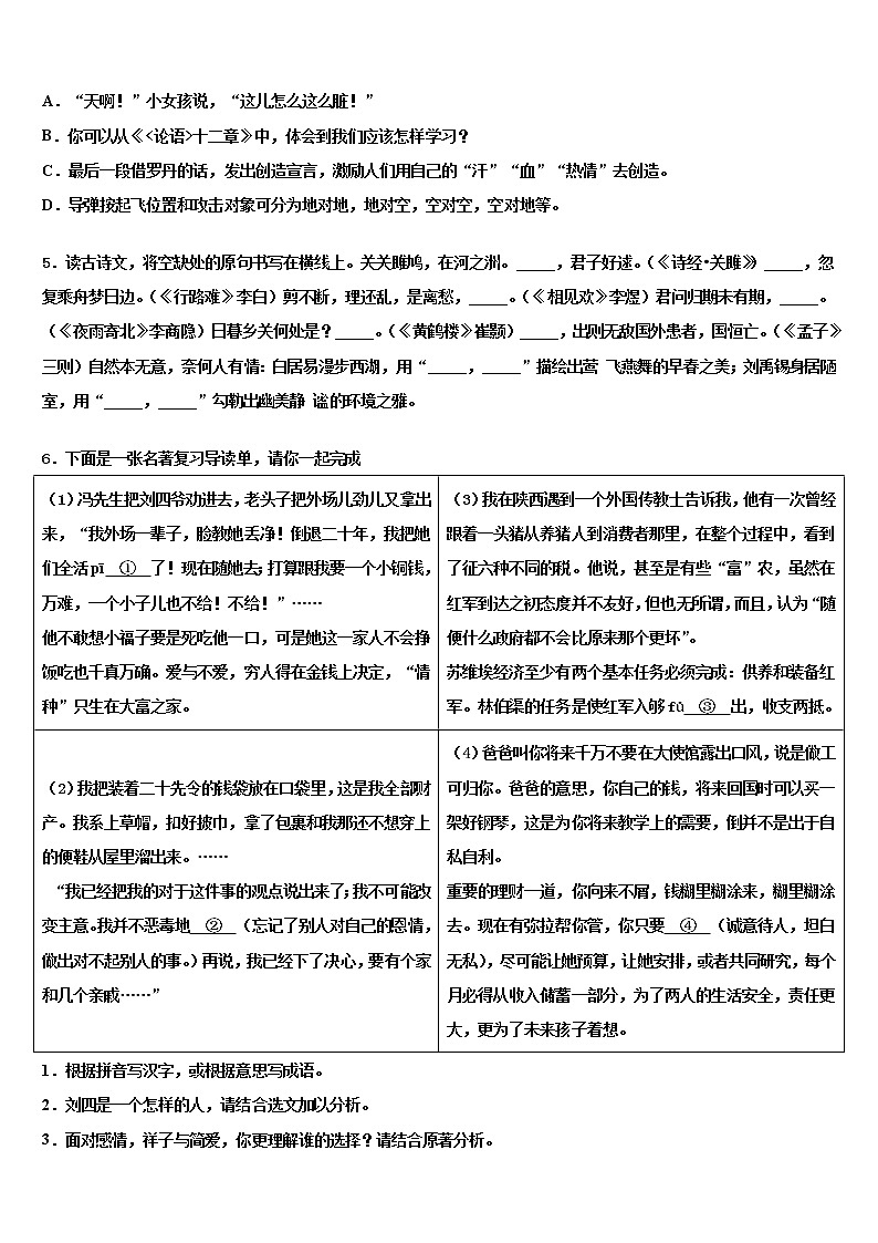2021-2022学年[全国市级联考]湖南省邵阳市中考语文对点突破模拟试卷含解析02