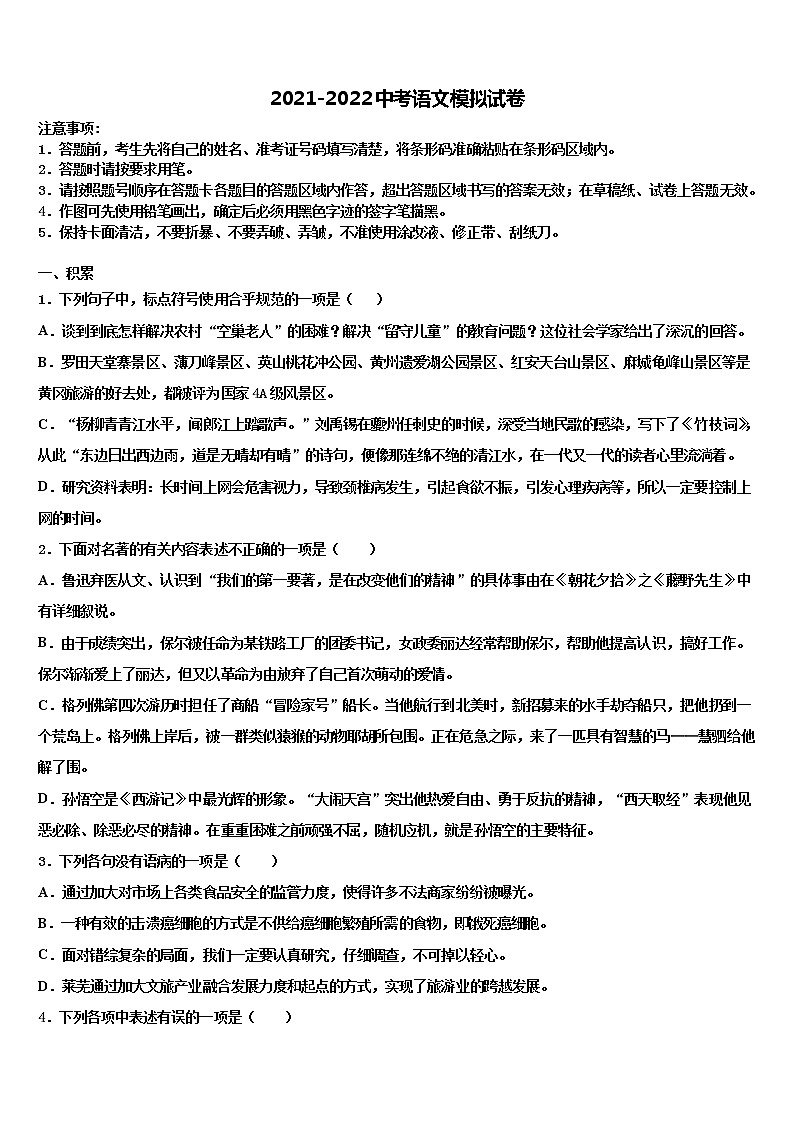 2021-2022学年广东省宝塔实验重点名校中考语文模拟预测题含解析01
