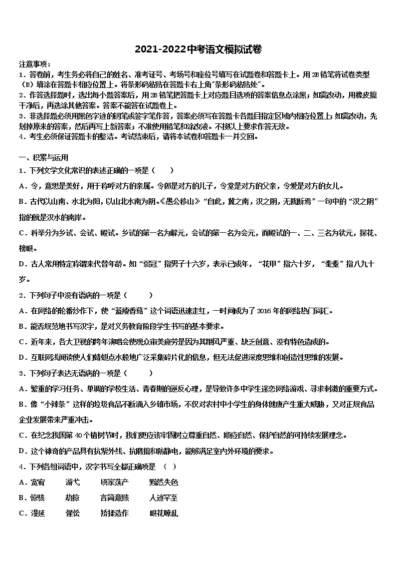 2021-2022学年广东阳江市阳春八甲中学初中语文毕业考试模拟冲刺卷含解析01