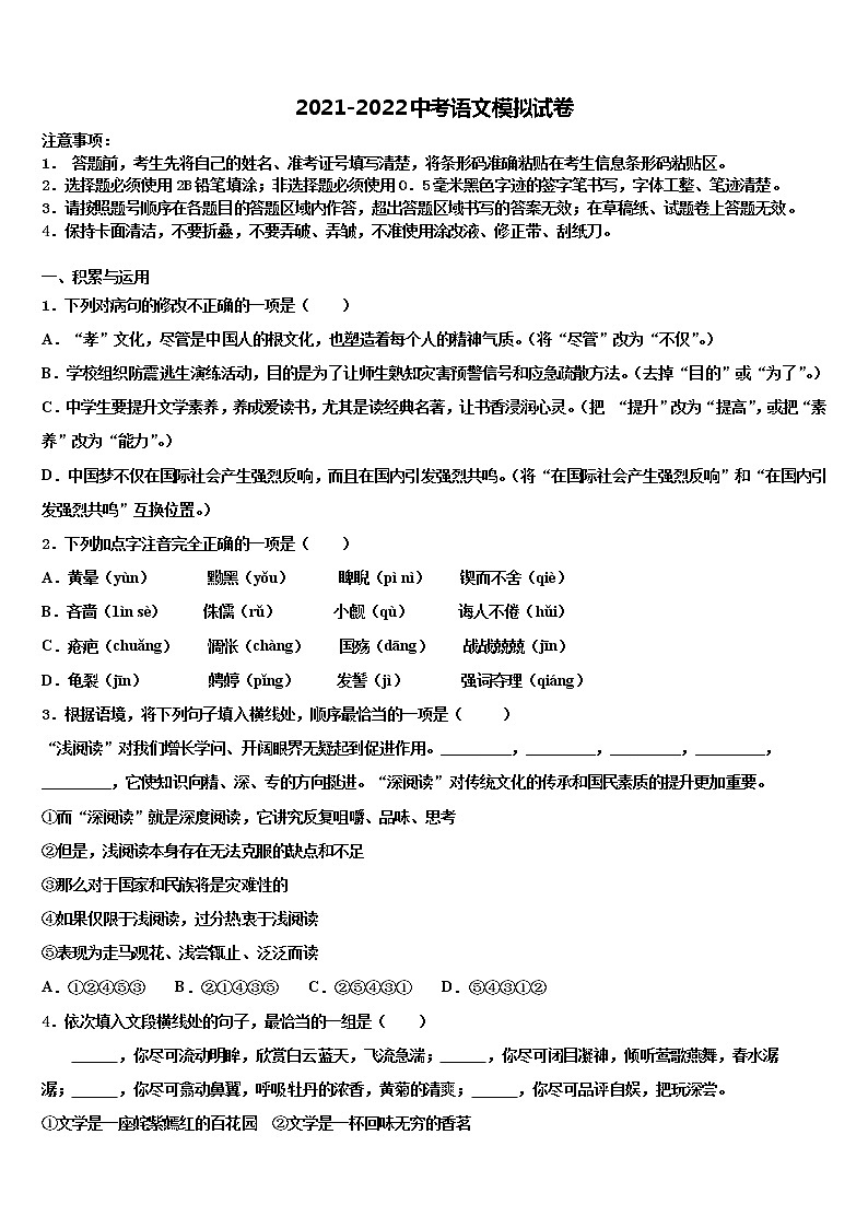 2021-2022学年广东省深圳市深圳外国语达标名校中考一模语文试题含解析01