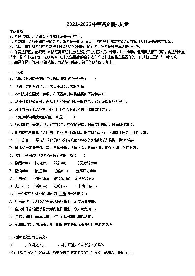 2021-2022学年江苏省南京市南京航天大附属初级中学中考语文模拟精编试卷含解析01
