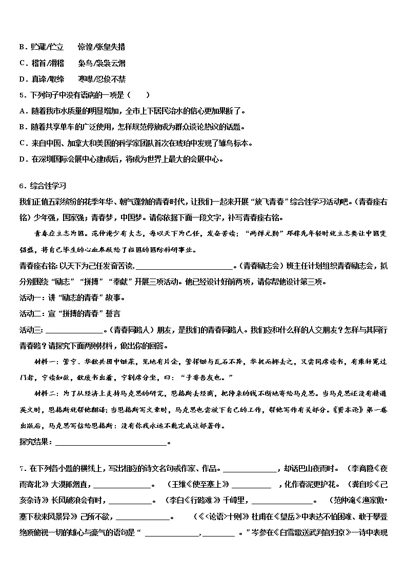 2021-2022学年河南省信阳市浉河区第九中学中考语文考试模拟冲刺卷含解析第2页