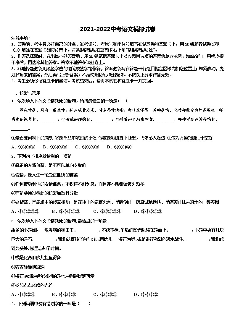 2021-2022学年江苏省盐城市初级中学十校联考最后语文试题含解析01