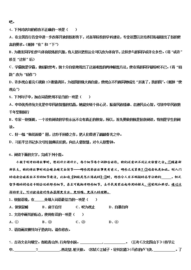 2021-2022学年江苏省无锡市南长实验、侨谊教育集团达标名校中考语文适应性模拟试题含解析02