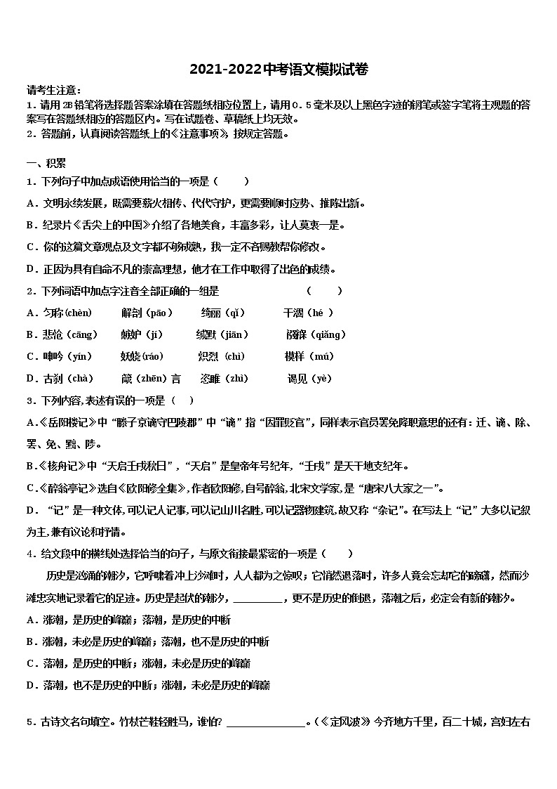 2021-2022学年江苏省盐城市滨海县重点中学中考语文考试模拟冲刺卷含解析01