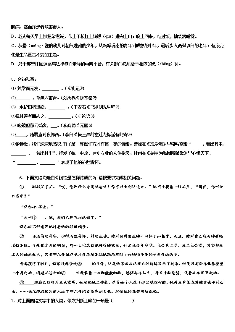 2021-2022学年湖北省襄阳襄城区四校联考中考语文适应性模拟试题含解析02