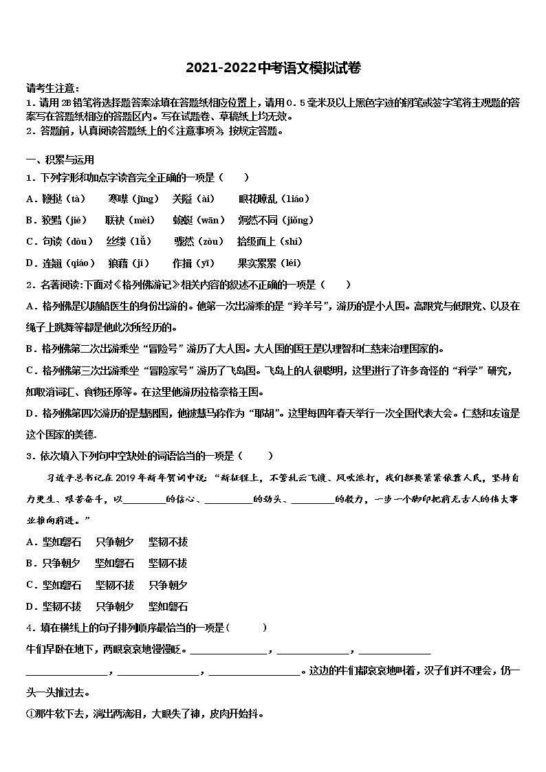 2021-2022学年山西省（临汾市尧都区兴国实验校中考语文猜题卷含解析01