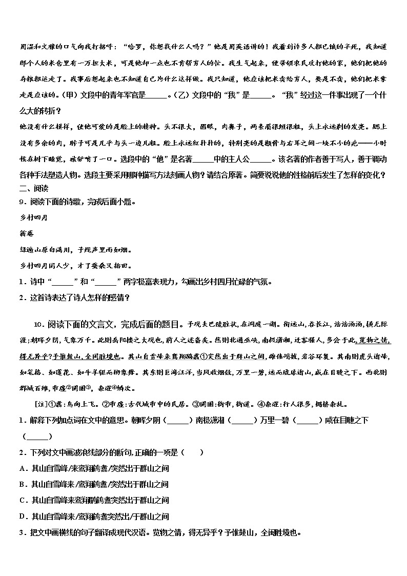 2021-2022学年四川南充市嘉陵区重点名校中考语文最后冲刺浓缩精华卷含解析03