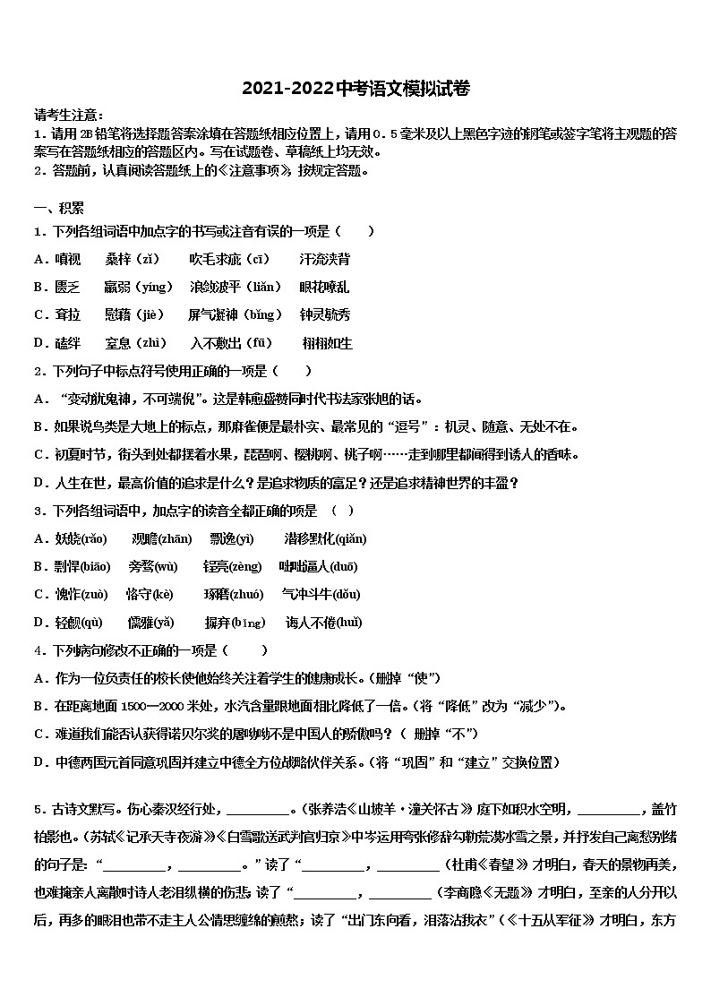 2021-2022学年云南省玉溪市红塔区第一区中考一模语文试题含解析第1页