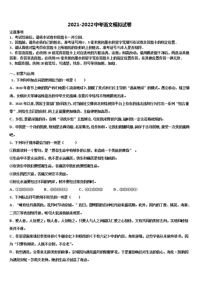2021-2022学年新青岛版达标名校中考语文模拟试题含解析第1页