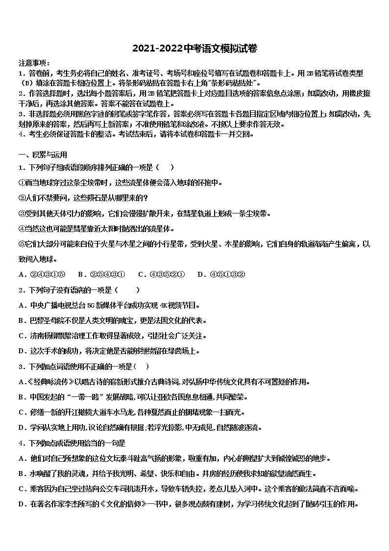 2022年安徽省合肥市肥西县重点达标名校中考语文对点突破模拟试卷含解析01
