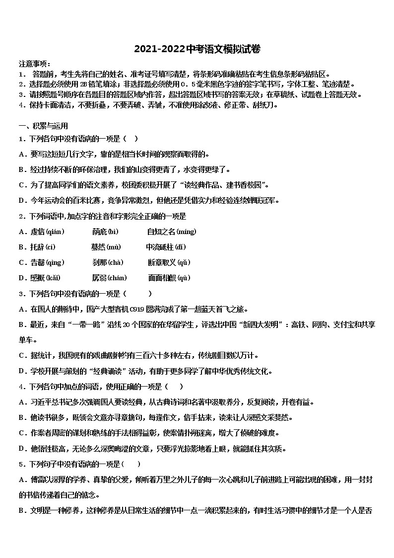 2022年贵州都匀中考语文模试卷含解析01