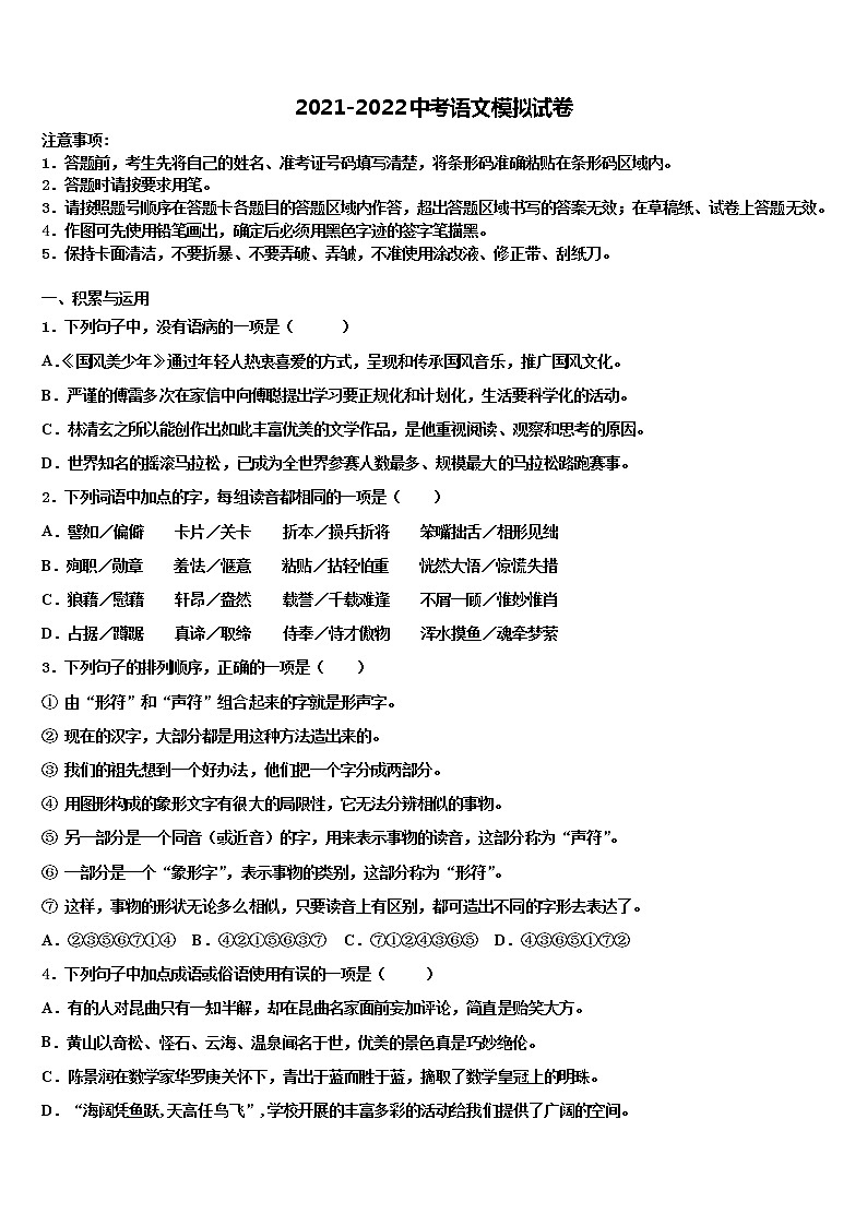 2022年广西防城港市防城区港市重点中学中考语文全真模拟试题含解析01