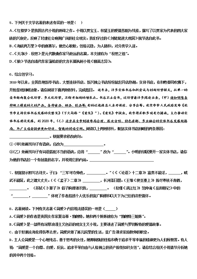 2022年广西防城港市防城区港市重点中学中考语文全真模拟试题含解析02