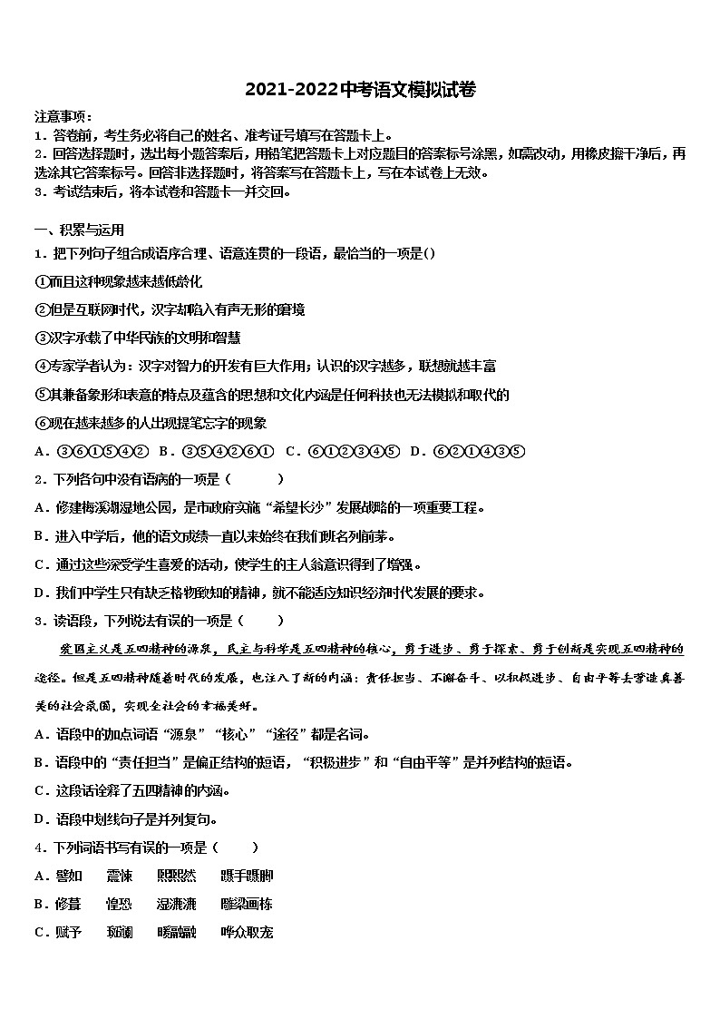 2022年安徽省合肥市庐江县志成学校中考语文模拟精编试卷含解析第1页