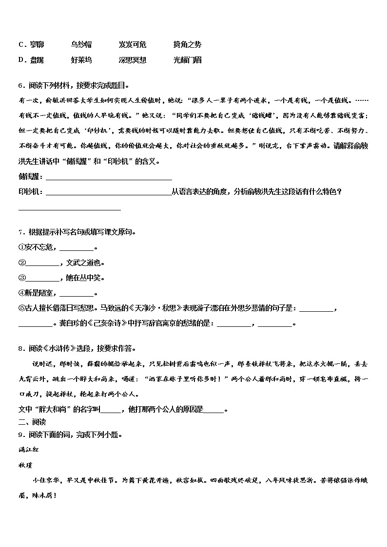 2022年安徽省无为县重点达标名校十校联考最后语文试题含解析02