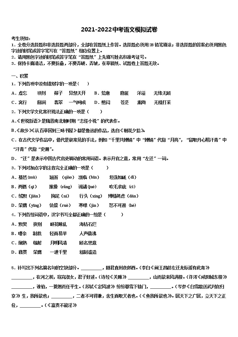 2022年北京朝阳人大附朝阳分校中考语文仿真试卷含解析01