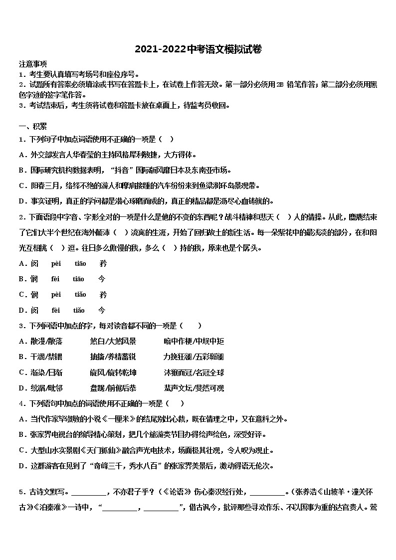 2022届湖北省襄阳市枣阳实验中学中考一模语文试题含解析01