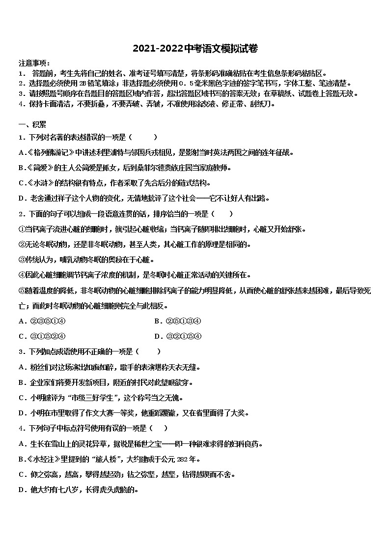 2022届湖南长沙青竹湖湘一外国语校中考语文考试模拟冲刺卷含解析01
