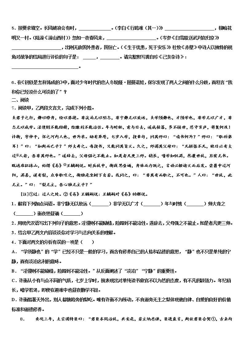 2022届湖南长沙青竹湖湘一外国语校中考语文考试模拟冲刺卷含解析02