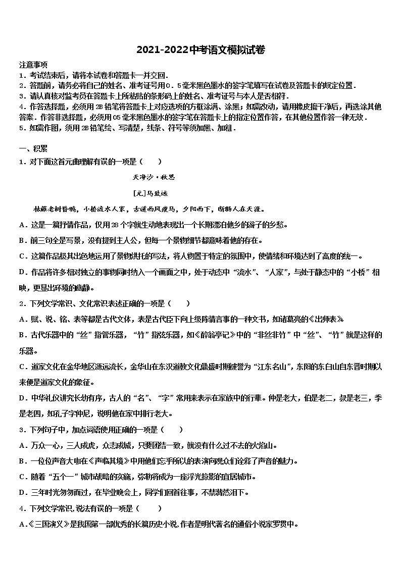 2022届湖南省长沙市长沙天心区青雅丽发校中考三模语文试题含解析01