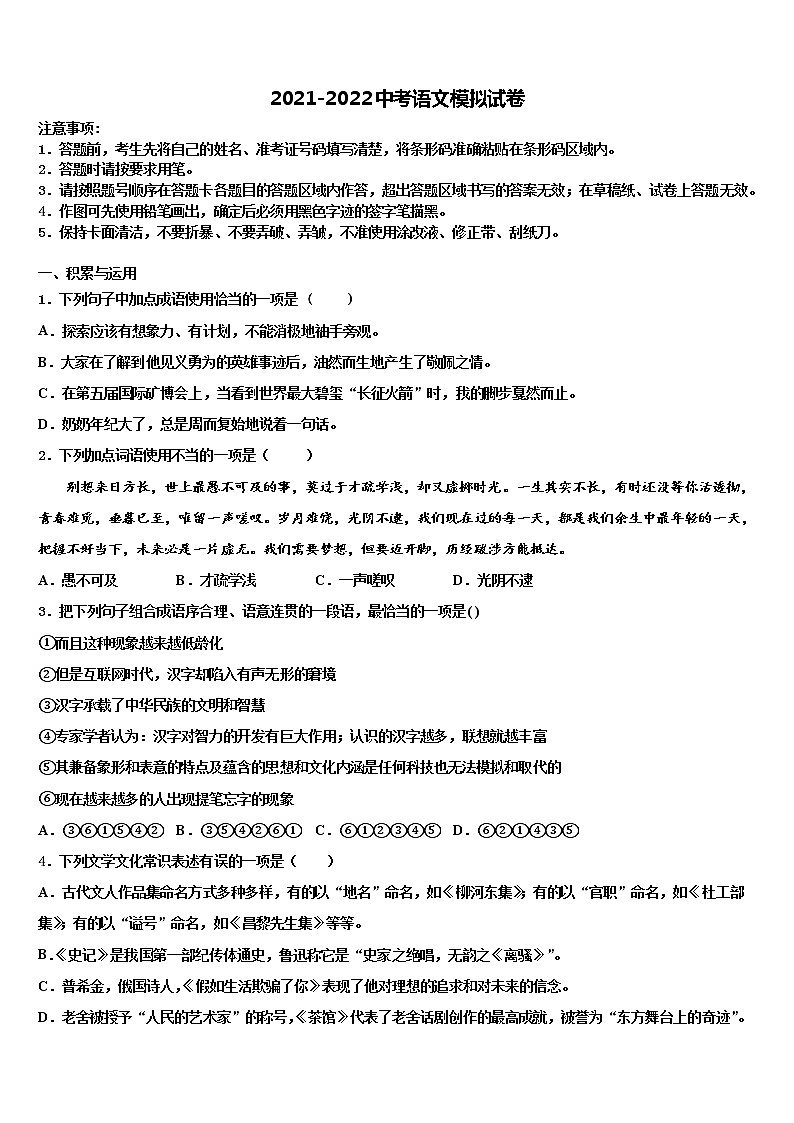 2022届河南省安阳市殷都区重点名校中考猜题语文试卷含解析01