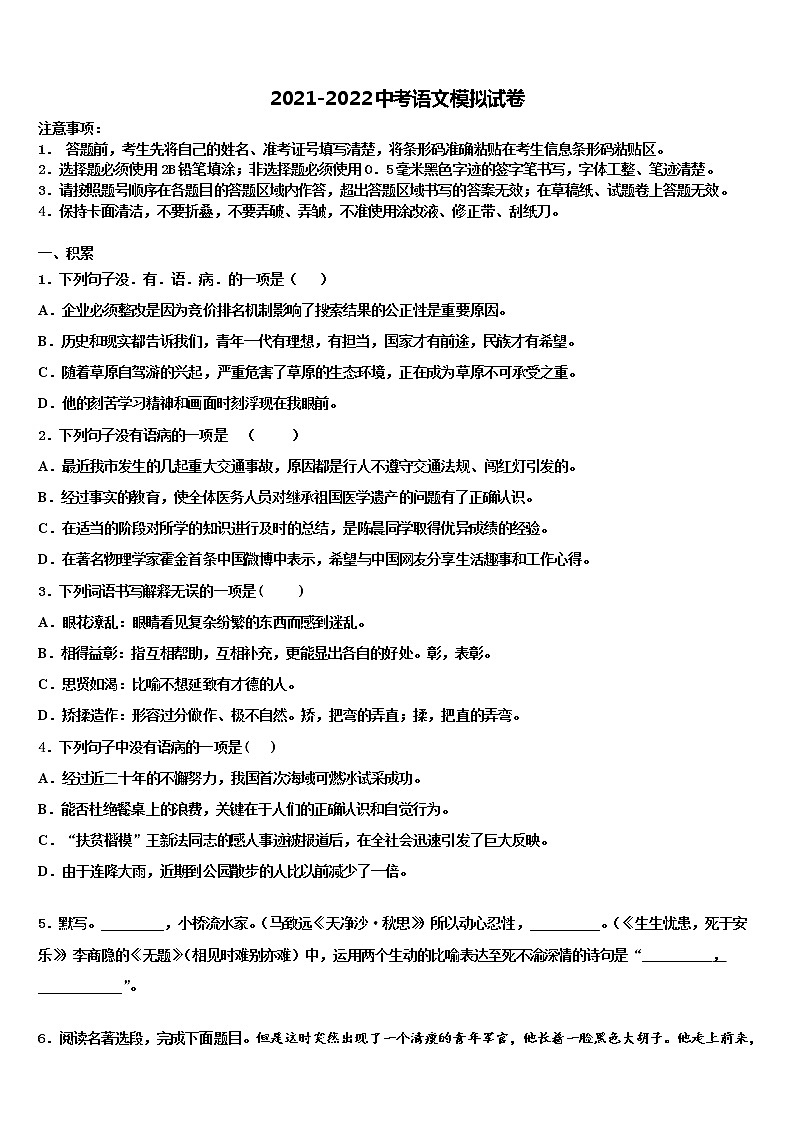 2022届内蒙古赤峰二中学中考三模语文试题含解析第1页