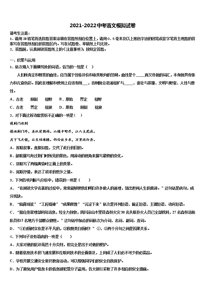2022届山东省滨州市滨城区市级名校中考语文模拟精编试卷含解析01