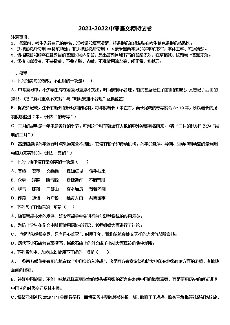 2022届宁夏吴忠市红寺堡二中学第一期期重点中学中考语文模拟试题含解析01