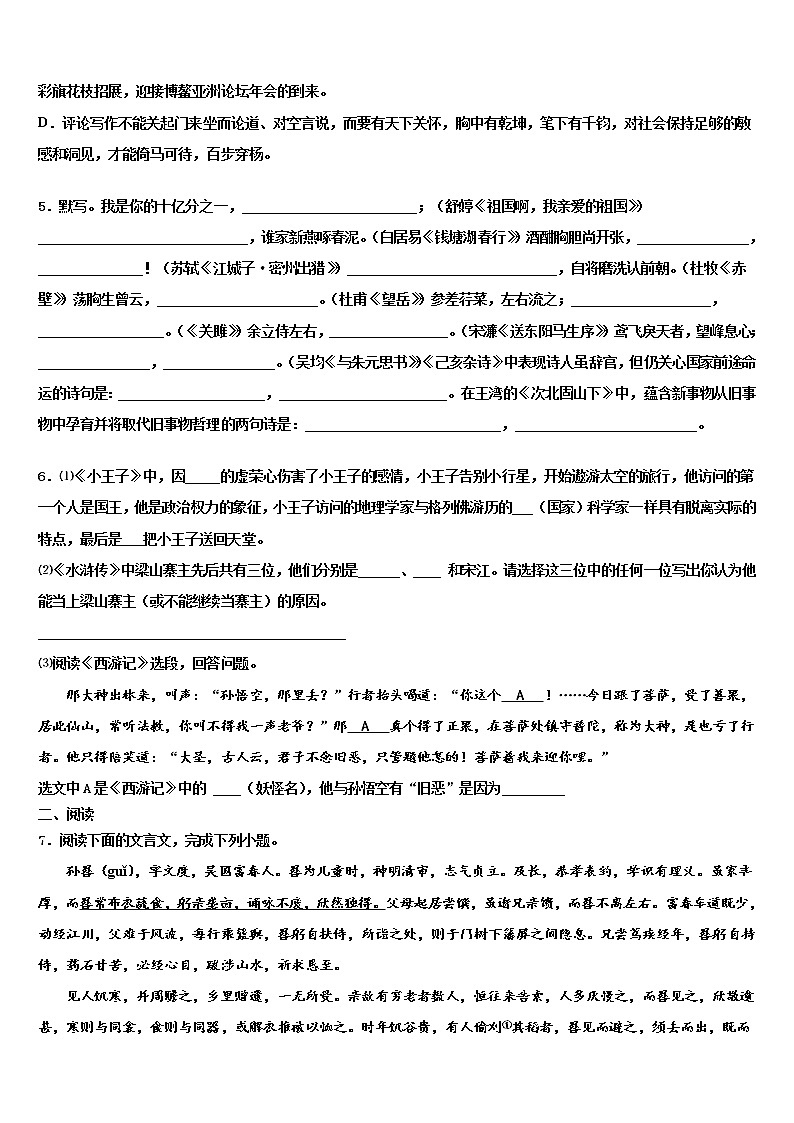 2022届宁夏吴忠市红寺堡二中学第一期期重点中学中考语文模拟试题含解析02