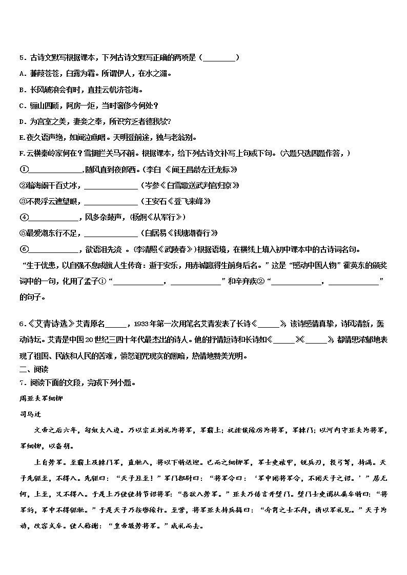2022届山东省安丘市二中学中考二模语文试题含解析第2页