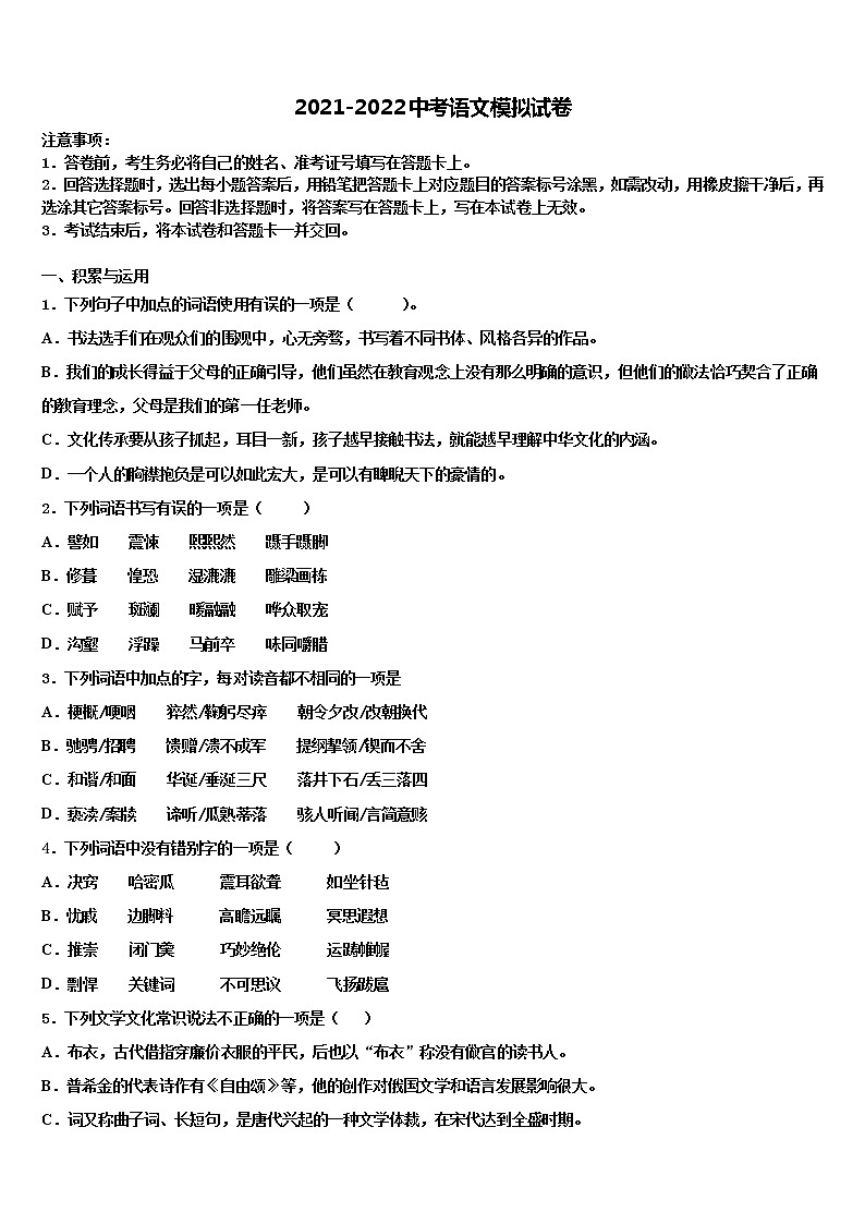 2022年安徽省桐城市黄岗市级名校中考语文最后一模试卷含解析01