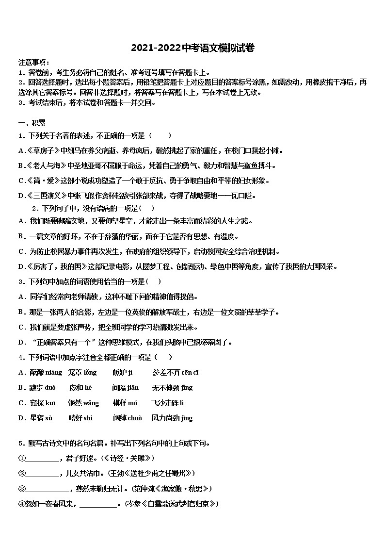 2022年广东省南海区石门实验中学中考语文模拟试题含解析01