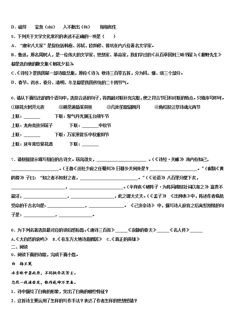 2022年广东省那龙镇那龙学校中考语文对点突破模拟试卷含解析02