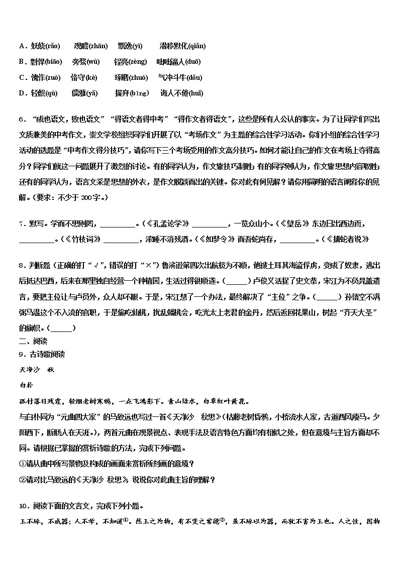 2022届重庆市外国语校中考五模语文试题含解析02